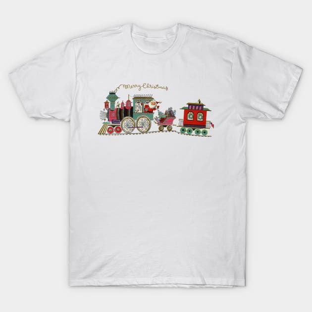 1980s Cute Kawaii Merry Christmas Toy Train Santa is coming T-Shirt by Tina